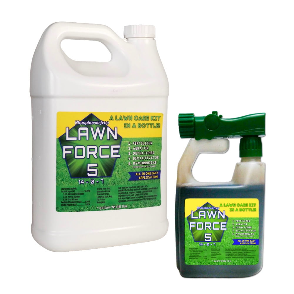 5in1 Natural Liquid Lawn Fertilizer Aerator Dethatcher Humic Fulvic Acid Kelp Seaweed Mycorrhizae - Lawn Force 5 - Phosphorous Free - Nature's Lawn & Garden